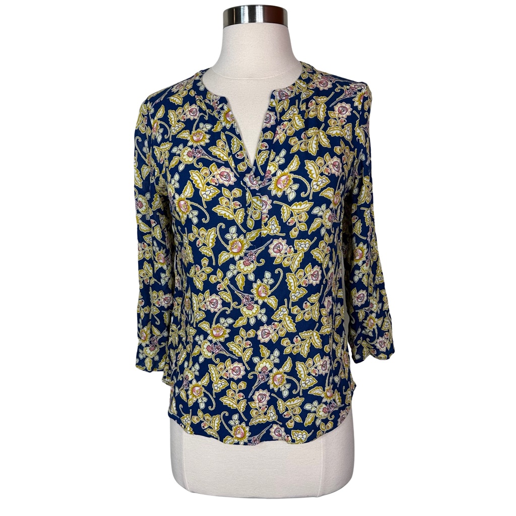 Daniel Rainn Baroque Floral Printed Blue Yellow Casual Popover Blouse Top Xs
